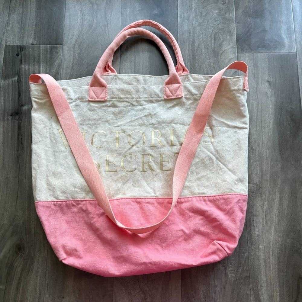 Victoria's Secret Canvas‎ Tote Bag Pink 2-Handle Shoulder Shopper Travel Purse